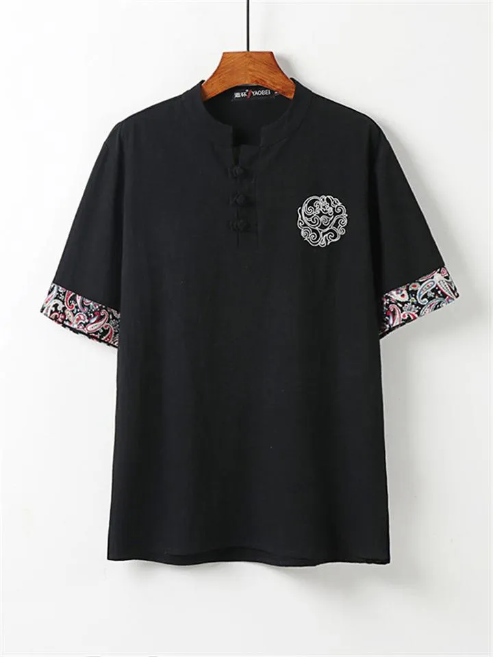 Ethnic Style Linen Outfit Retro Button Short Sleeve T-Shirt   Drawstring Full Length Pants