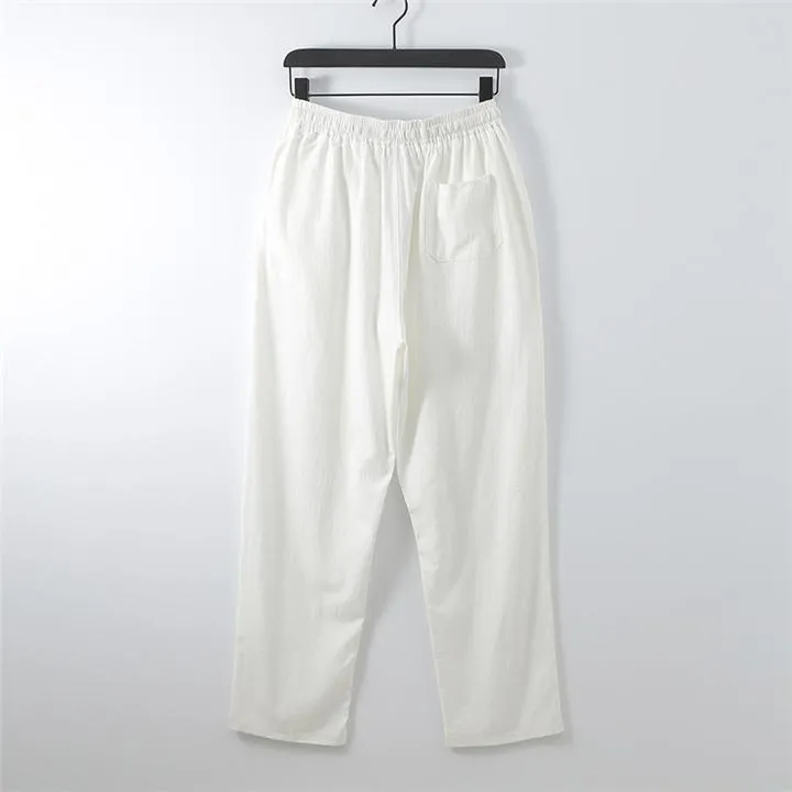 Ethnic Style Linen Outfit Retro Button Short Sleeve T-Shirt   Drawstring Full Length Pants