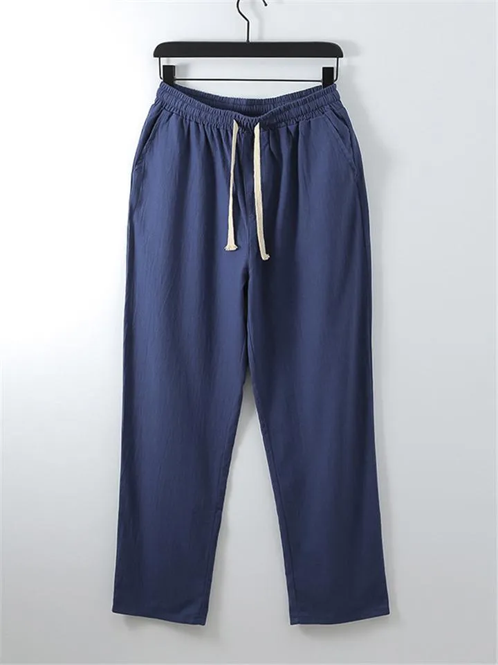 Ethnic Style Linen Outfit Retro Button Short Sleeve T-Shirt   Drawstring Full Length Pants