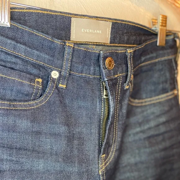 Everlane Dark Blue mid rise Frayed raw cut Hem straight leg Jeans size 25