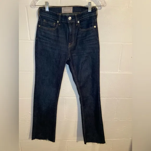 Everlane Dark Blue mid rise Frayed raw cut Hem straight leg Jeans size 25