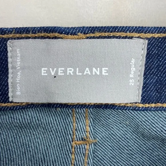 Everlane Dark Blue mid rise Frayed raw cut Hem straight leg Jeans size 25
