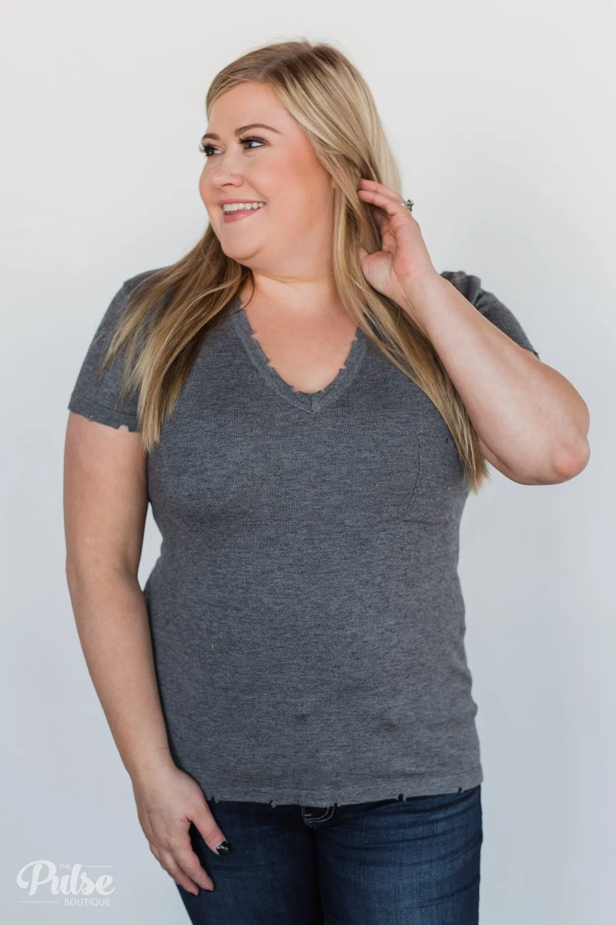 Eyes On You Distressed Short Sleeve Top- Charcoal