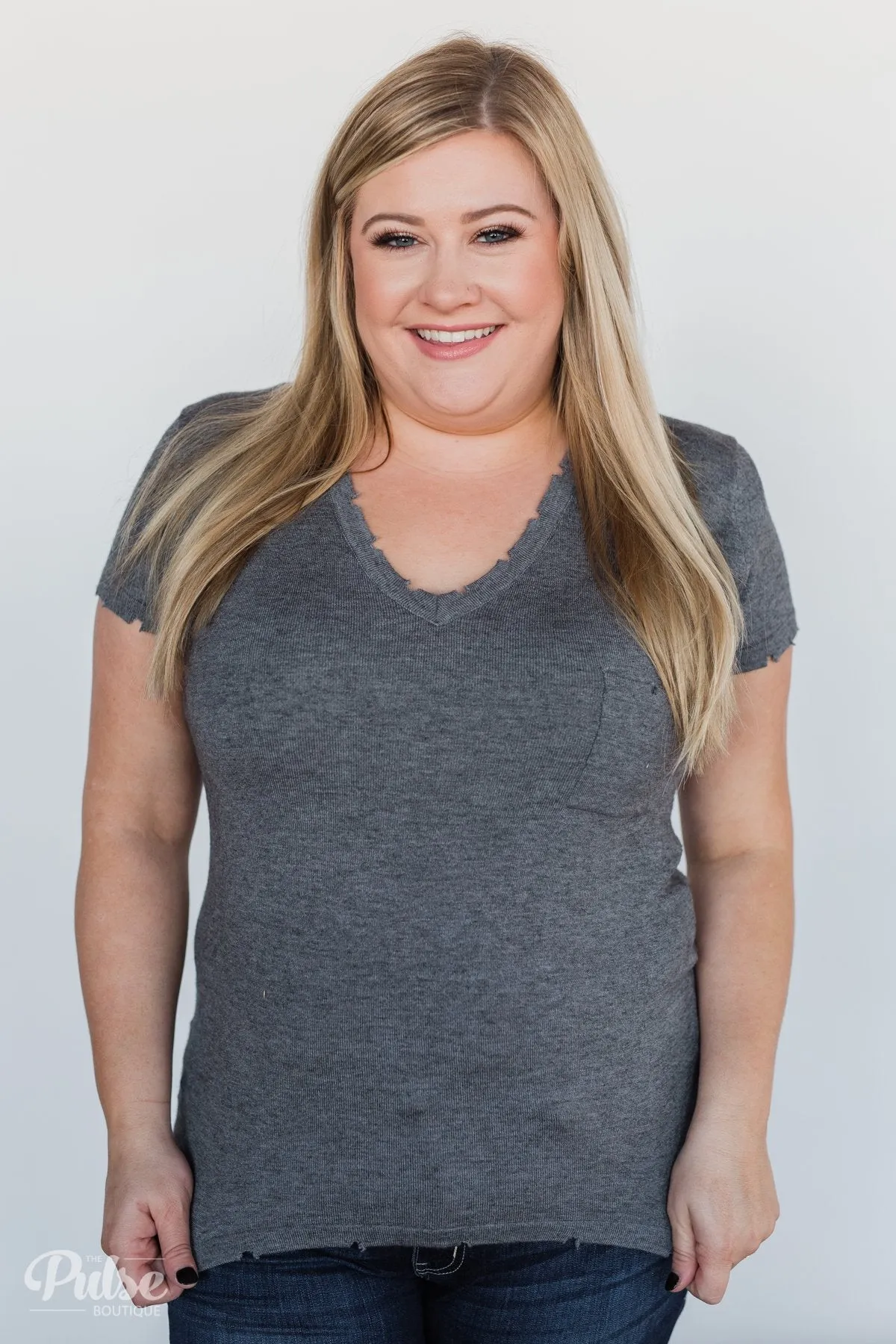 Eyes On You Distressed Short Sleeve Top- Charcoal