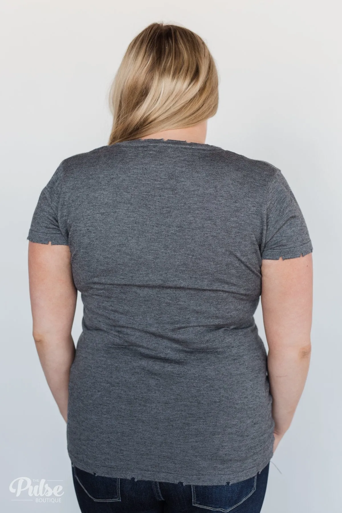 Eyes On You Distressed Short Sleeve Top- Charcoal