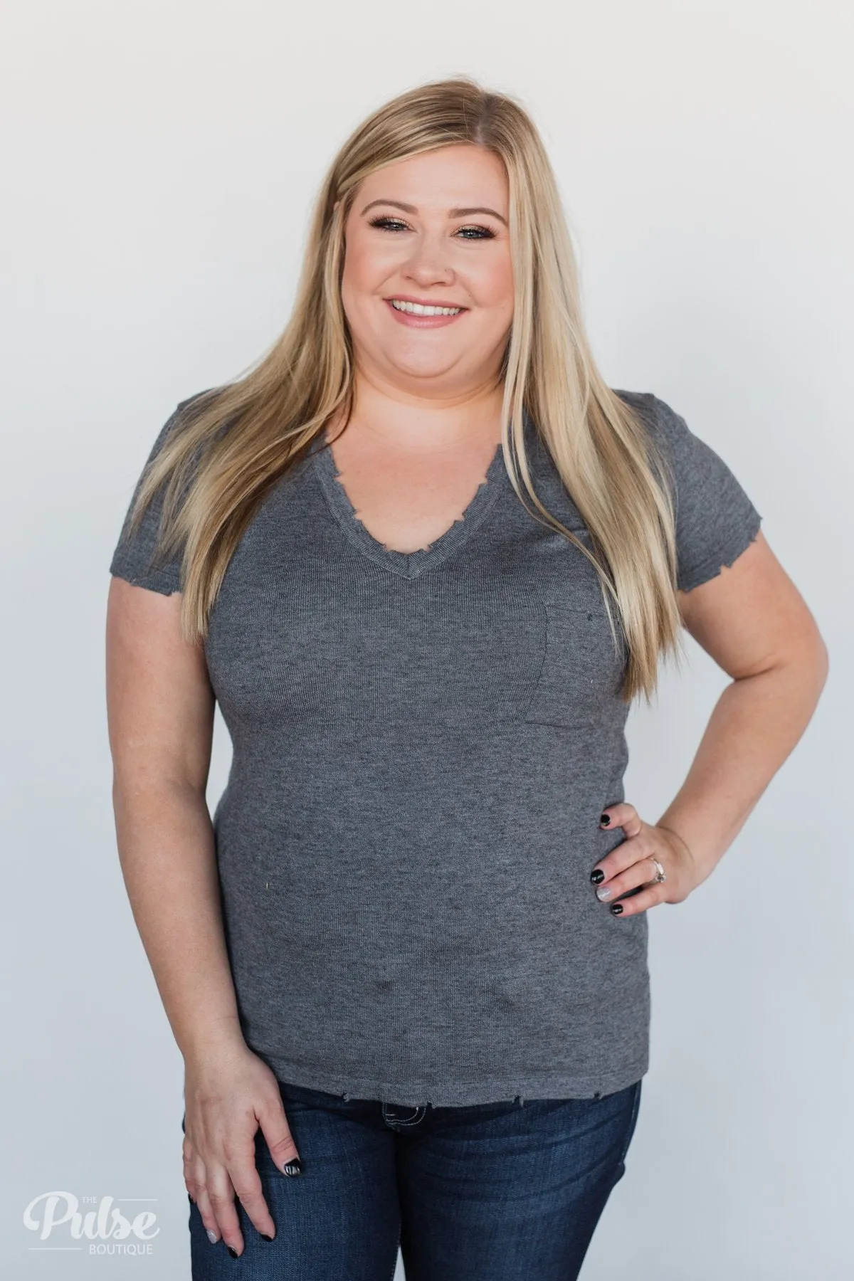 Eyes On You Distressed Short Sleeve Top- Charcoal