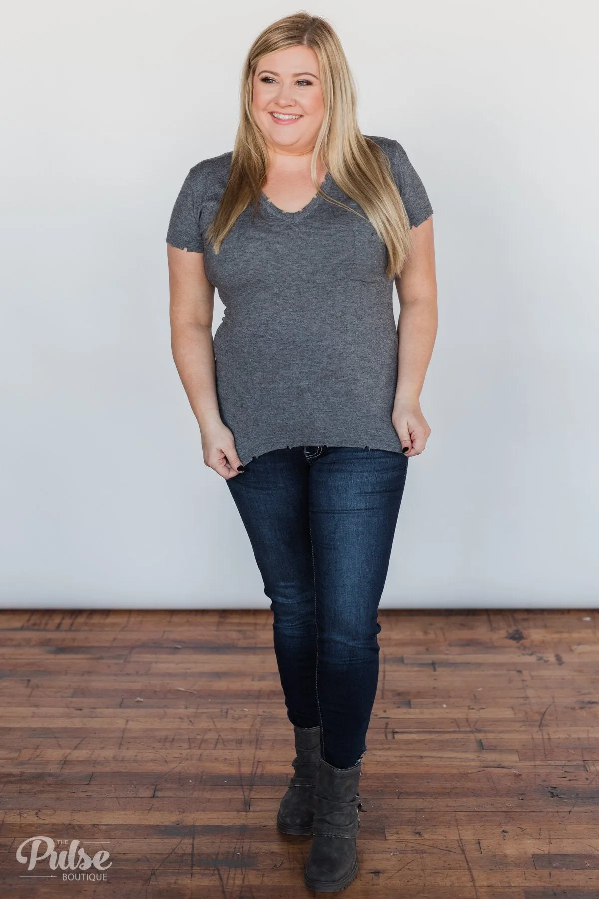 Eyes On You Distressed Short Sleeve Top- Charcoal
