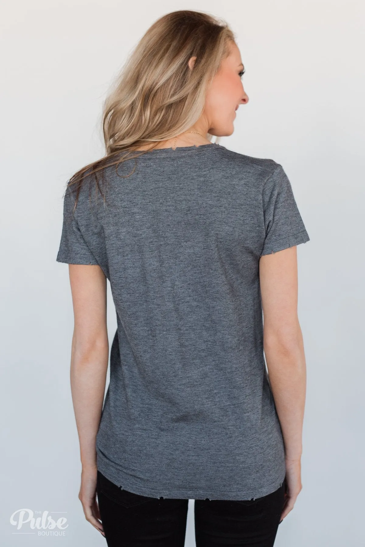 Eyes On You Distressed Short Sleeve Top- Charcoal