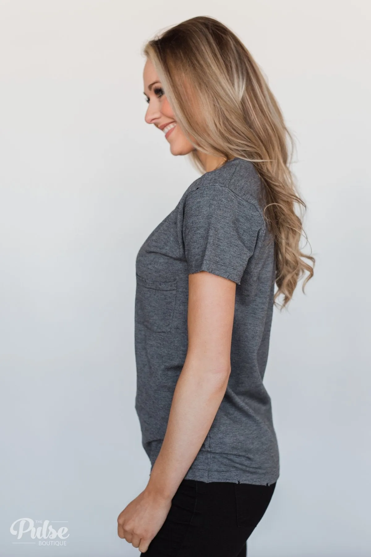 Eyes On You Distressed Short Sleeve Top- Charcoal