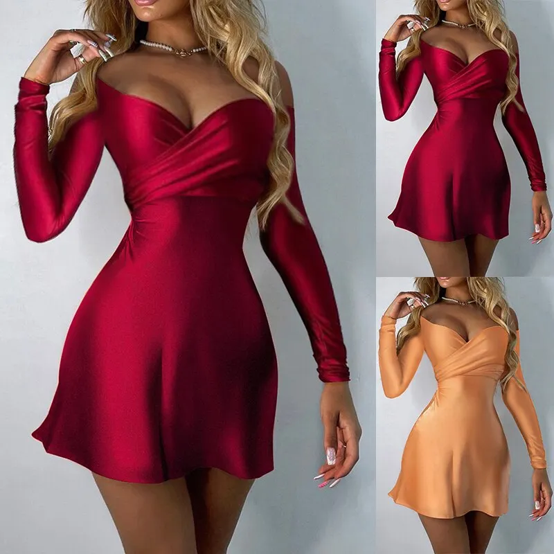 Fashion Sexy Off Shoulder Long Sleeve Solid High Waist A Line Mini Bodycon Dress Ball Gowns Party Wear Sexy Robes Femme 2021 New