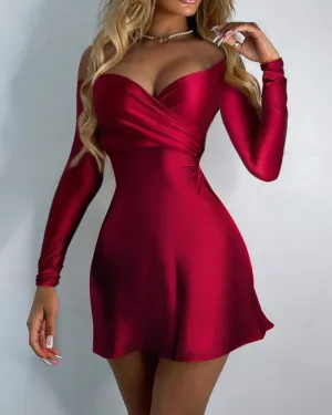 Fashion Sexy Off Shoulder Long Sleeve Solid High Waist A Line Mini Bodycon Dress Ball Gowns Party Wear Sexy Robes Femme 2021 New
