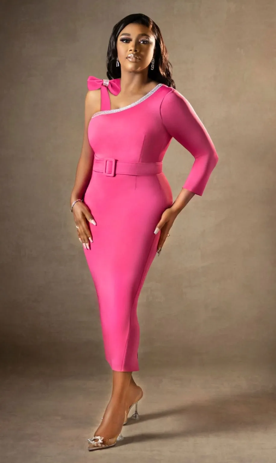 FINAL SALE! SOLD AS IS! Vienna- Rhinestone Bow Skuba Dress/with waist belt (CLEARANCE OUTLET! Final Sale/No Return/No Exchange!)