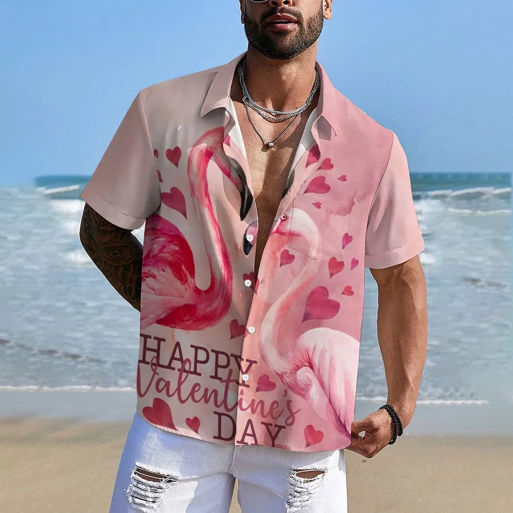 Flamingo Happy Valentine's Day Print Short Sleeve Shirt 2411008179