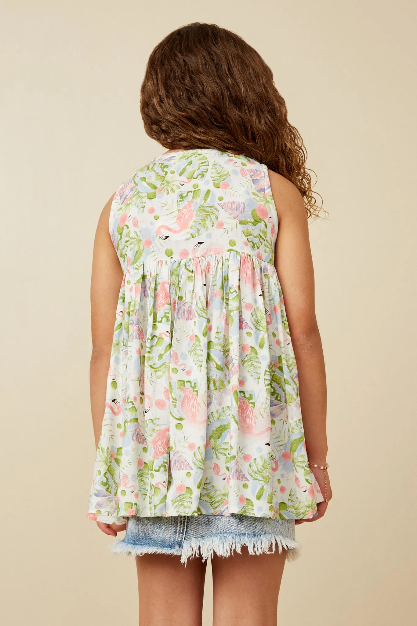 Flamingo Print Button Detail Swing Top