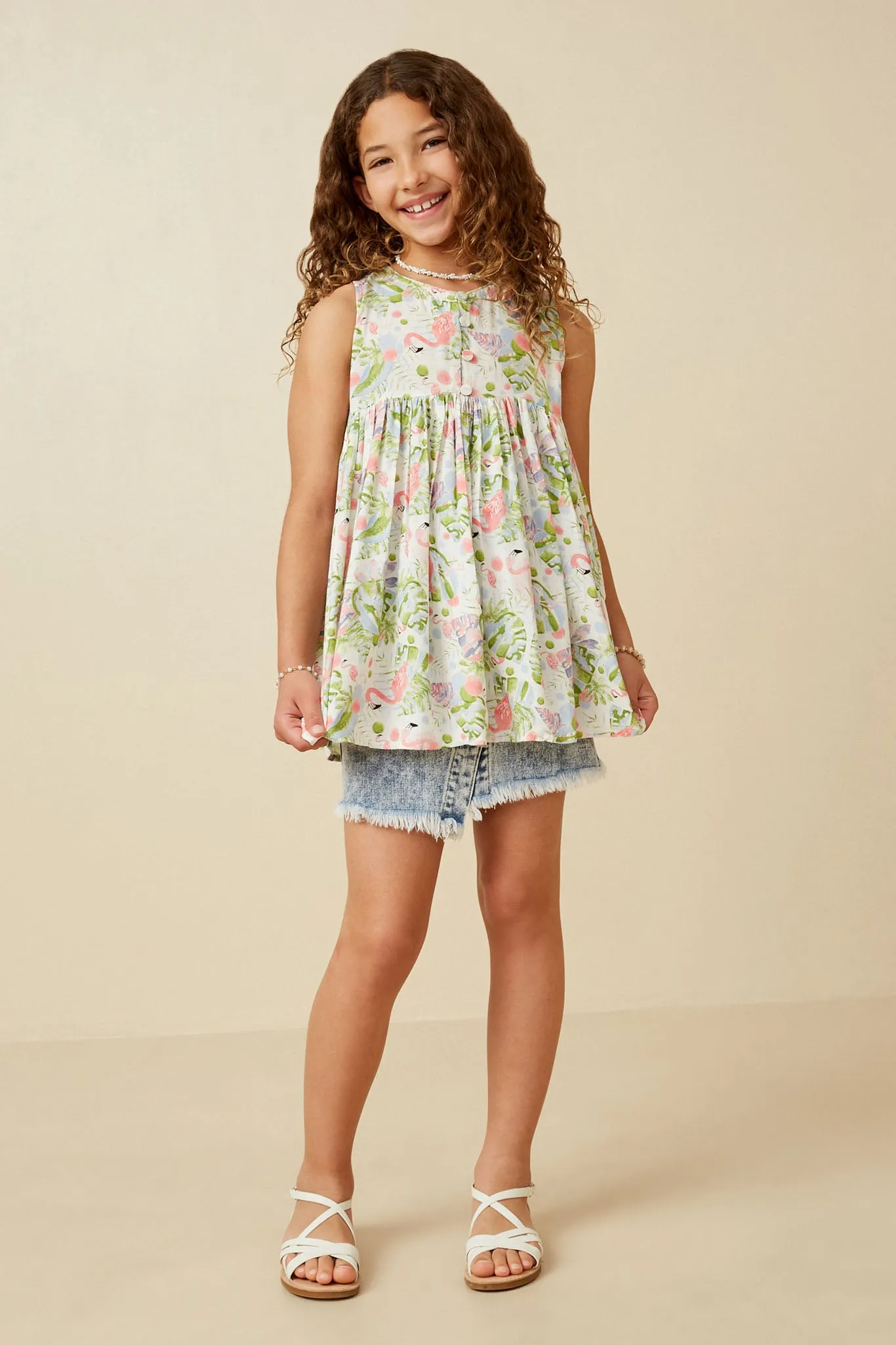 Flamingo Print Button Detail Swing Top