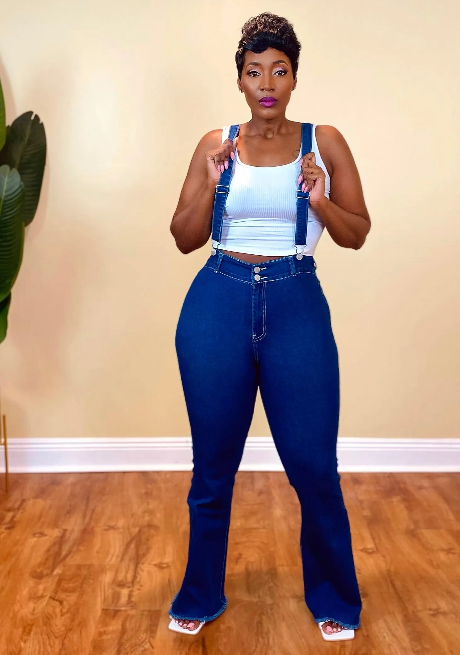 FLARE LEG SUSPENDER JEANS (Dark Blue)