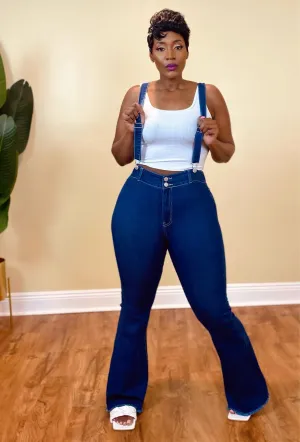 FLARE LEG SUSPENDER JEANS (Dark Blue)