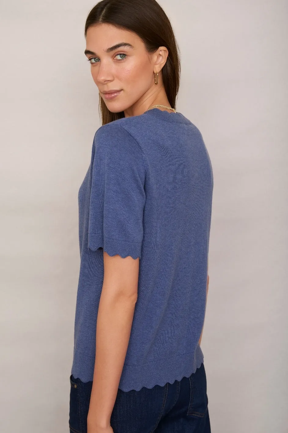 Fleurine Linen Cotton Knit Top - Denim Blue