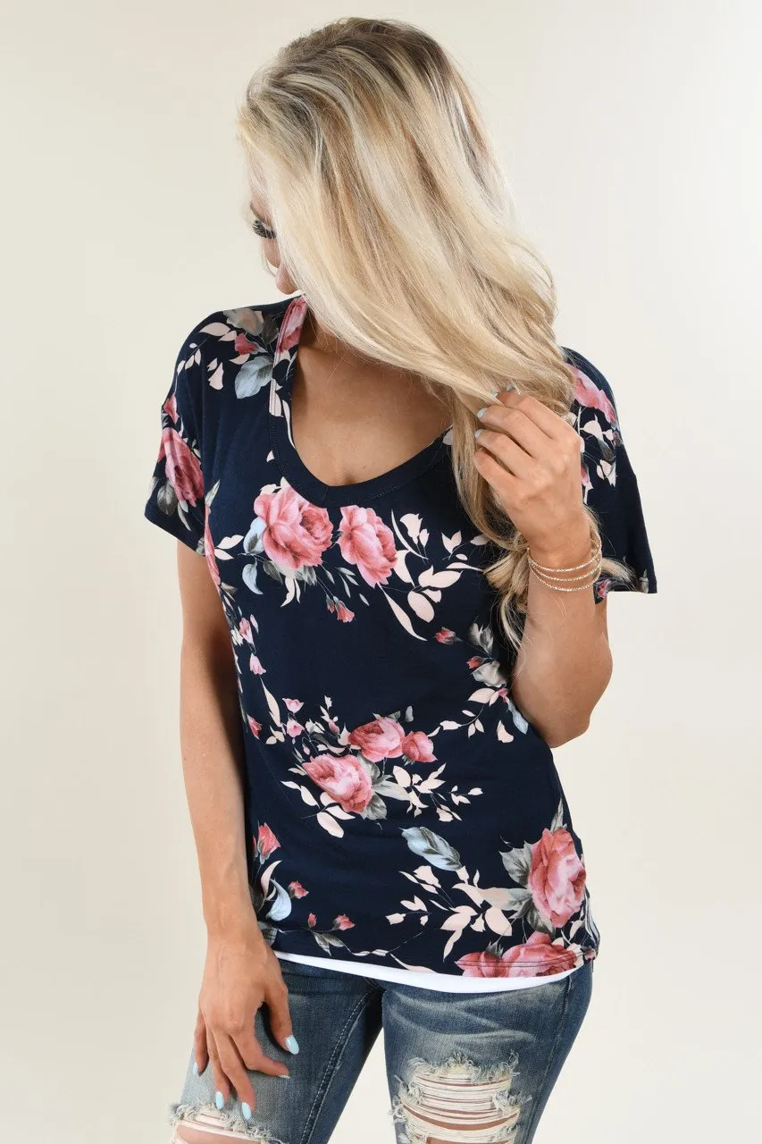 Floral V-Neck ~ Navy