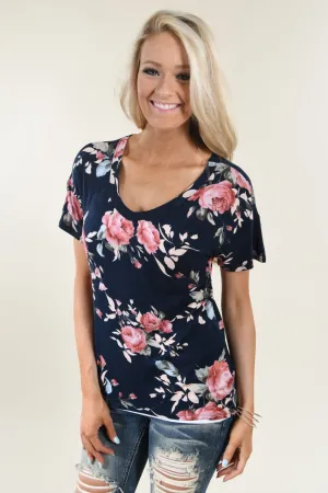 Floral V-Neck ~ Navy