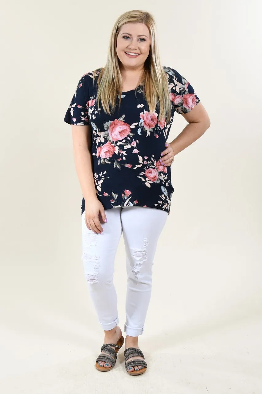 Floral V-Neck ~ Navy