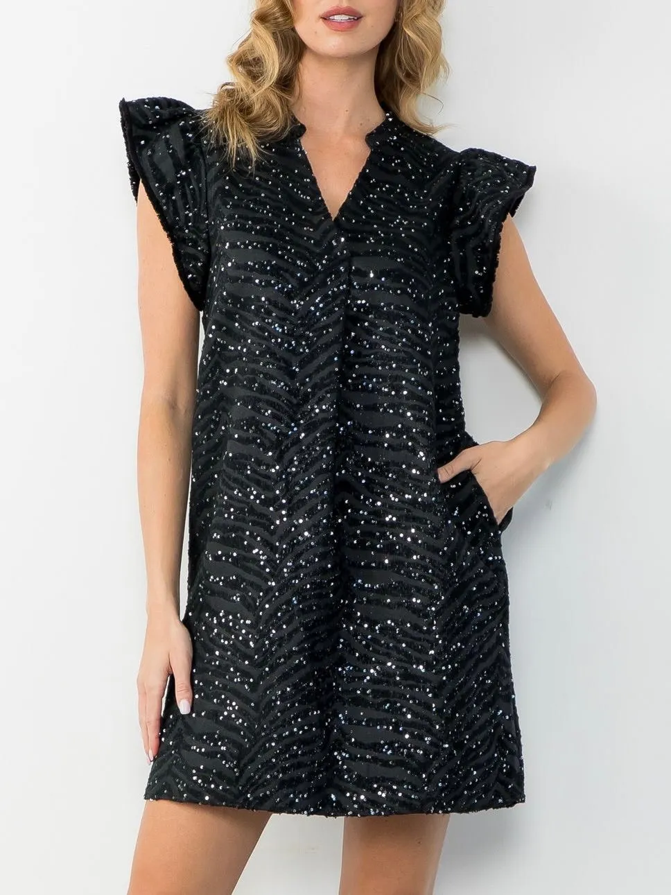 Flutter Sleeve Textured Dress - Black FINAL SALE