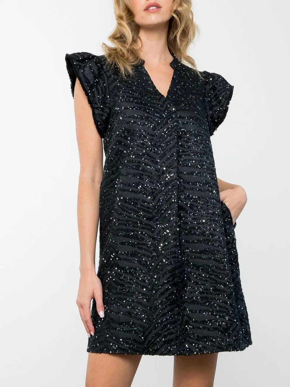 Flutter Sleeve Textured Dress - Black FINAL SALE