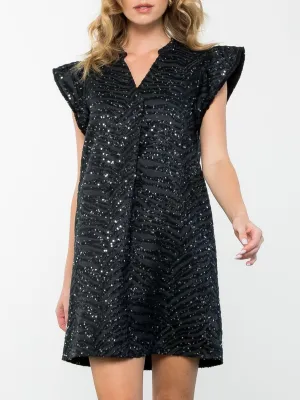 Flutter Sleeve Textured Dress - Black FINAL SALE