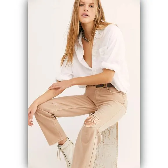 Free People We The Free Dakota Straight Leg Jeans Tan Distressed Denim Size 31