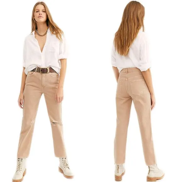 Free People We The Free Dakota Straight Leg Jeans Tan Distressed Denim Size 31