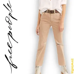 Free People We The Free Dakota Straight Leg Jeans Tan Distressed Denim Size 31