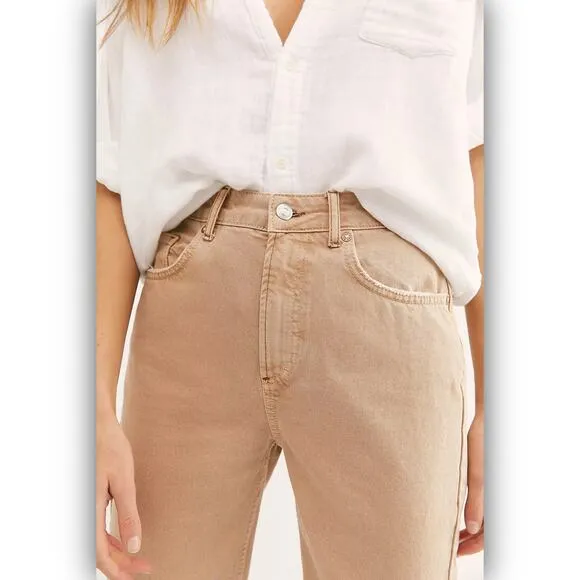 Free People We The Free Dakota Straight Leg Jeans Tan Distressed Denim Size 31
