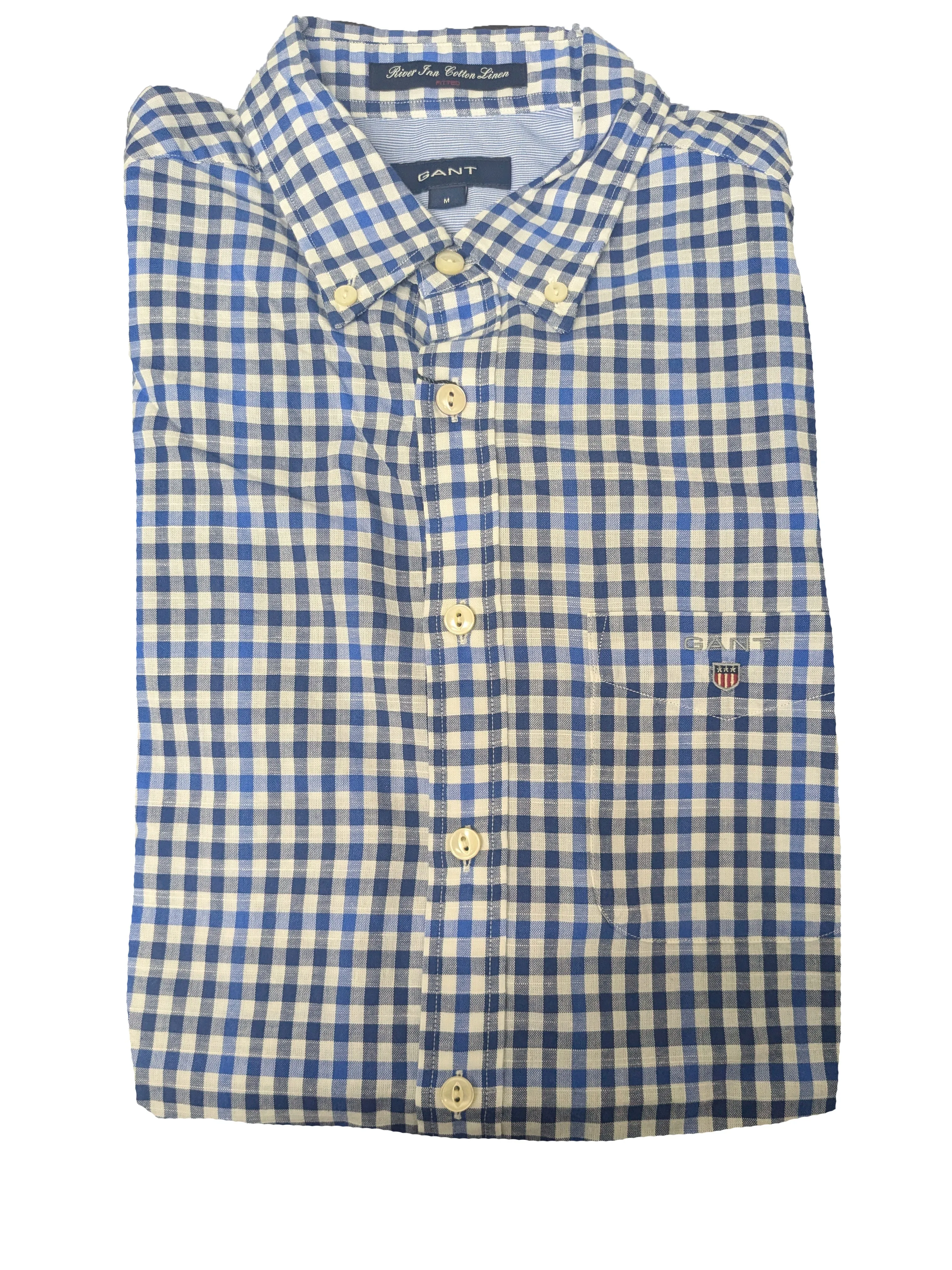 GANT Azur Blue River Inn Cotton Linen Check Fitted Button Down 308822 Size M