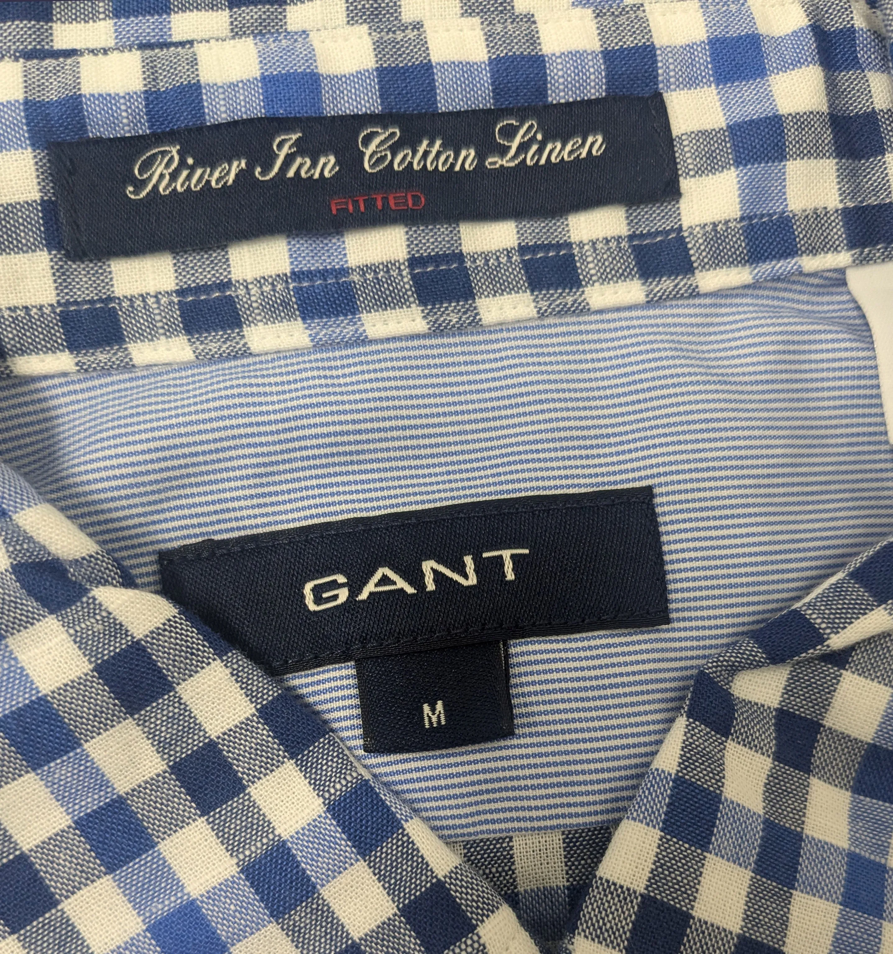 GANT Azur Blue River Inn Cotton Linen Check Fitted Button Down 308822 Size M