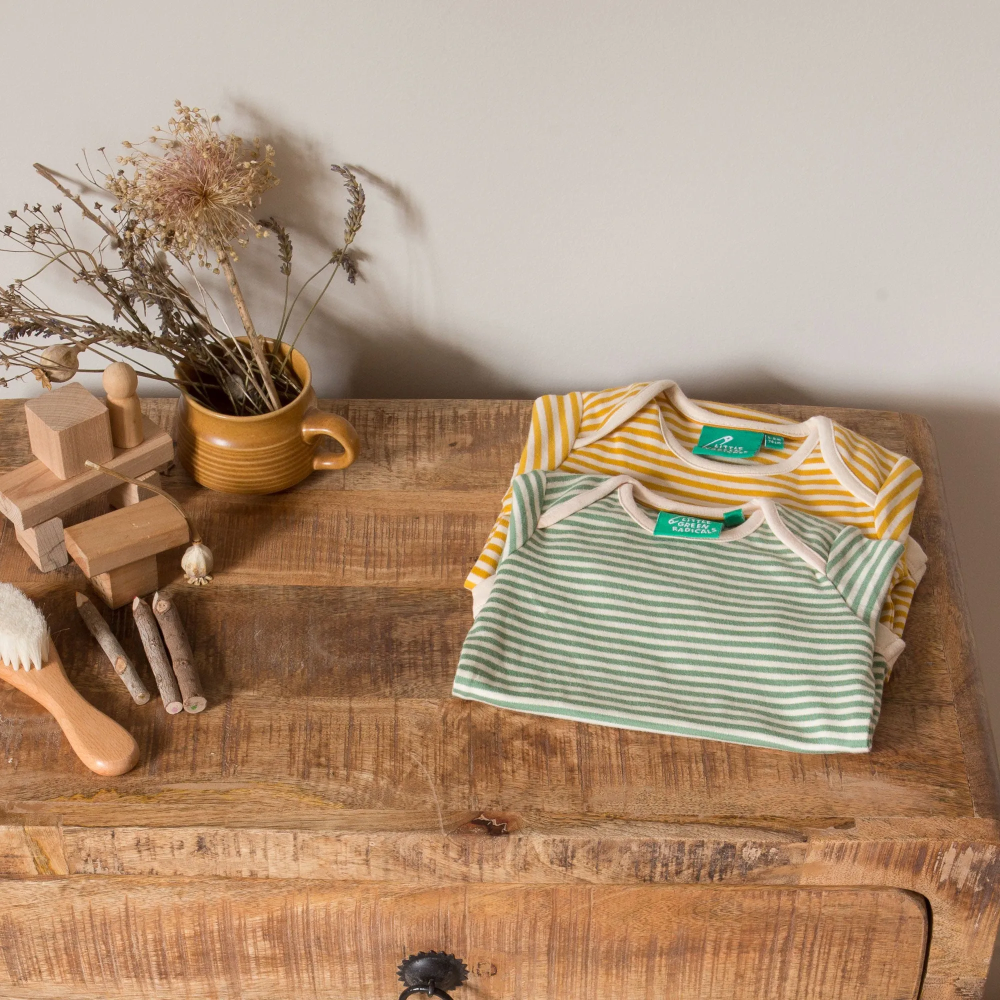 Gold & Green Striped Organic Baby Bodysuit Set - 2 Pack