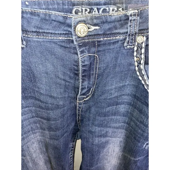 Grace In L.A. Women’s Straight Jeans  Size 17 Blue Embroideried Western Cowgirl