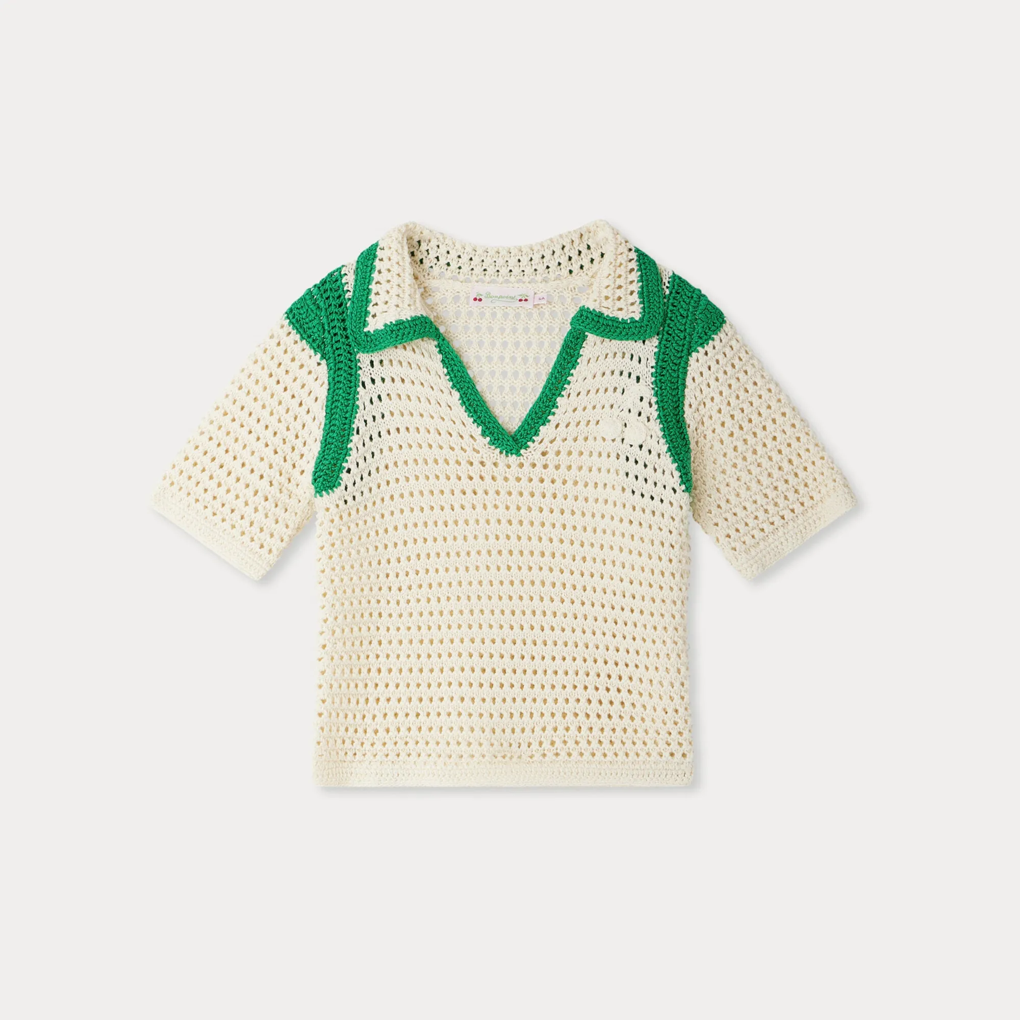 Green And White Color Blocked Hollow Cotton T-shirt
