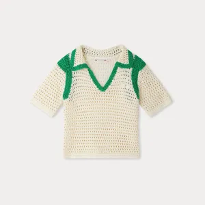 Green And White Color Blocked Hollow Cotton T-shirt
