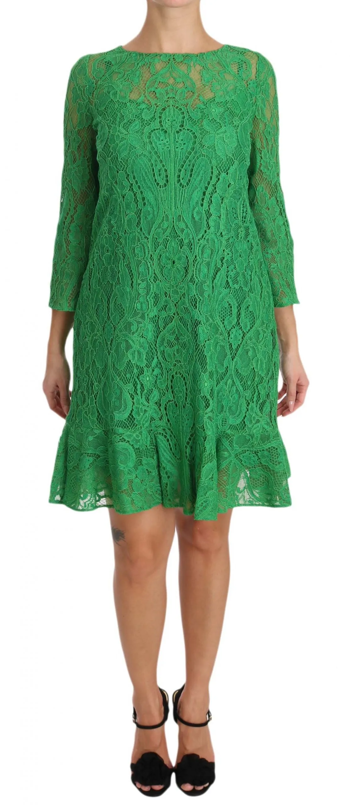 Green Floral Lace Shift A-Line Dress