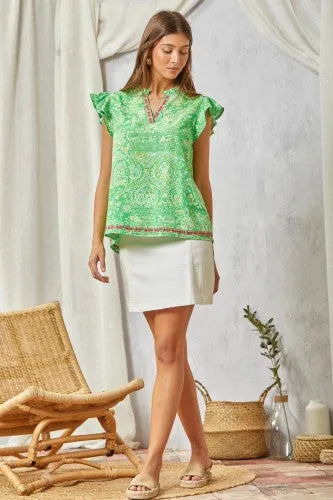 Green Mix Print Pink Embroidered V Neck