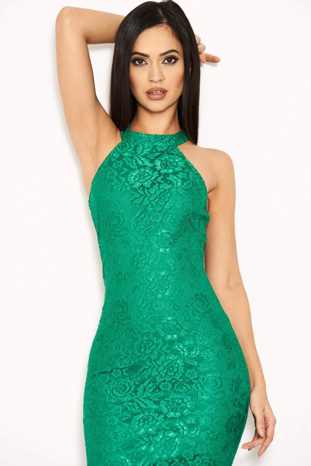 Green Racer Neck Fishtail Dress