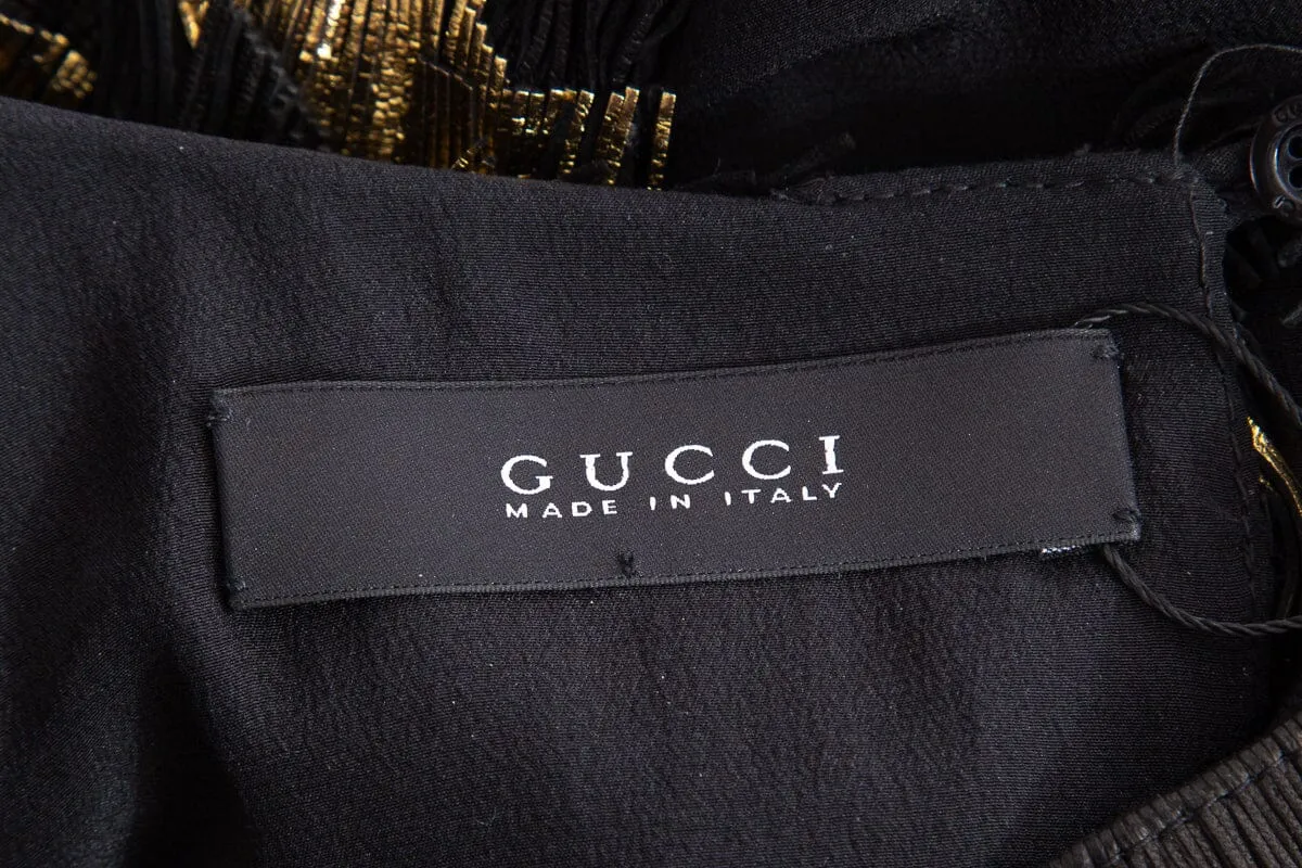 Gucci Black and Gold Leather Fringe Shift Sleeveless Dress