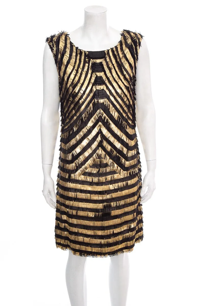 Gucci Black and Gold Leather Fringe Shift Sleeveless Dress