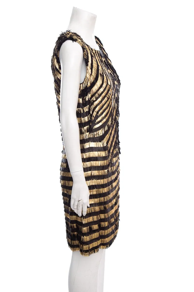Gucci Black and Gold Leather Fringe Shift Sleeveless Dress