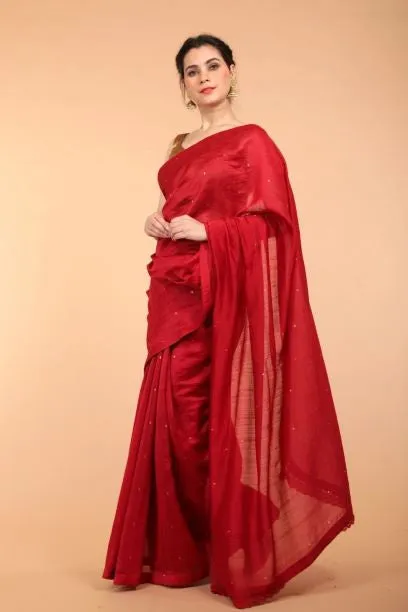 Handcrafted Saree in Cranberry Red Chanderi Handloom Silk