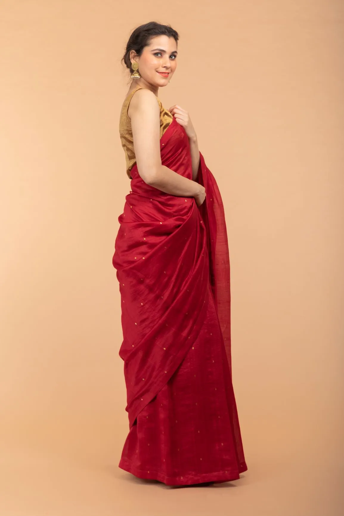 Handcrafted Saree in Cranberry Red Chanderi Handloom Silk