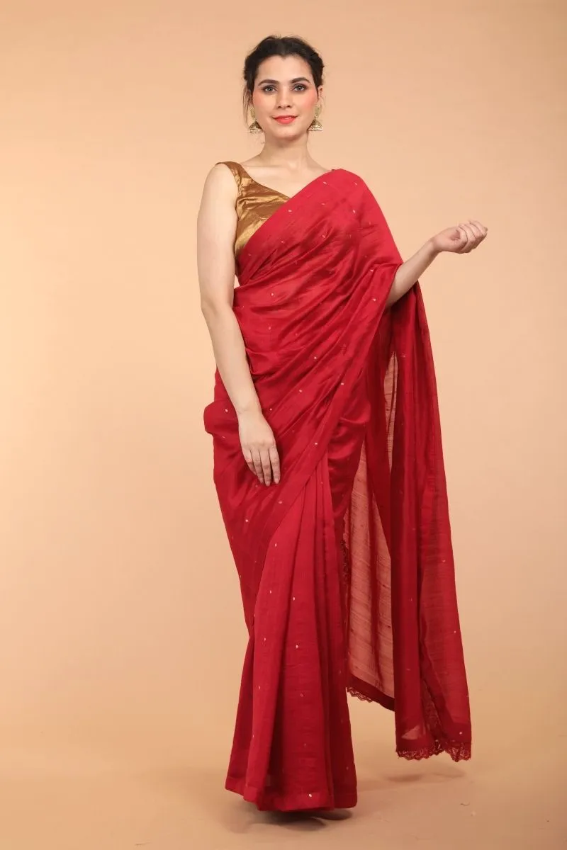 Handcrafted Saree in Cranberry Red Chanderi Handloom Silk