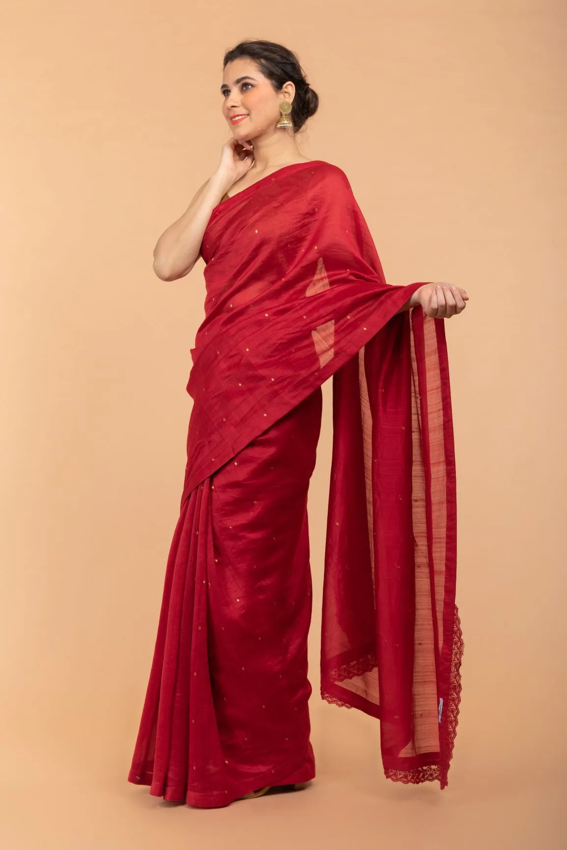 Handcrafted Saree in Cranberry Red Chanderi Handloom Silk