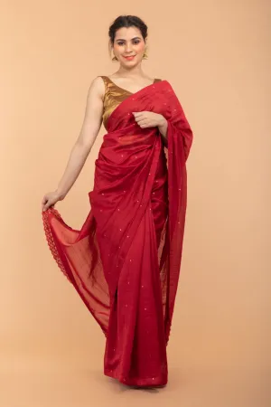 Handcrafted Saree in Cranberry Red Chanderi Handloom Silk