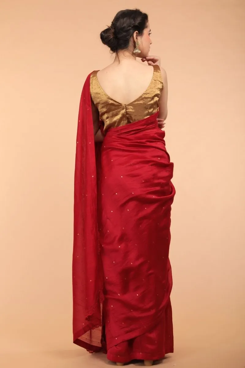 Handcrafted Saree in Cranberry Red Chanderi Handloom Silk